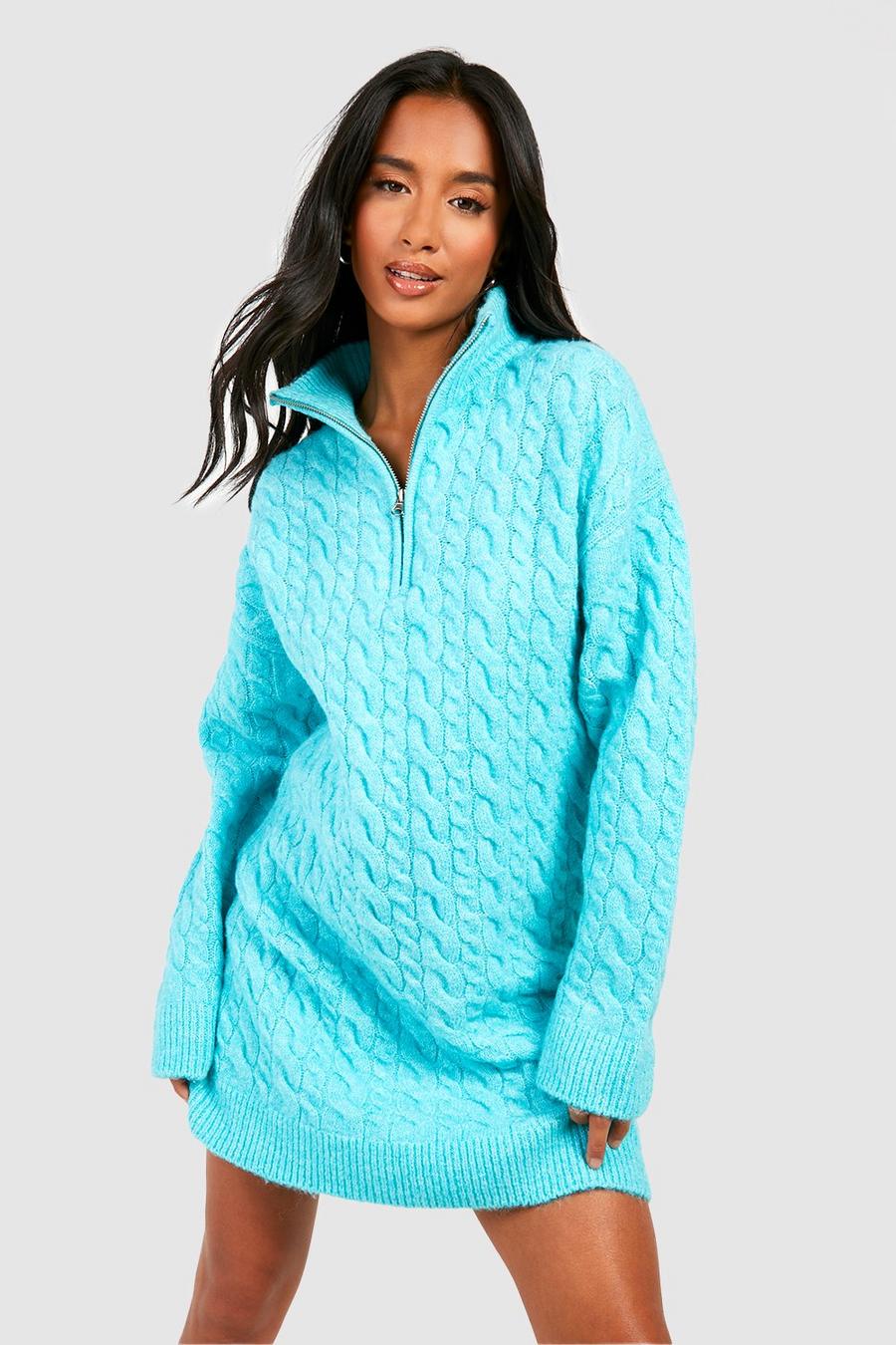 Turquoise Petite Cable Knit Half Zip Sweater Dress