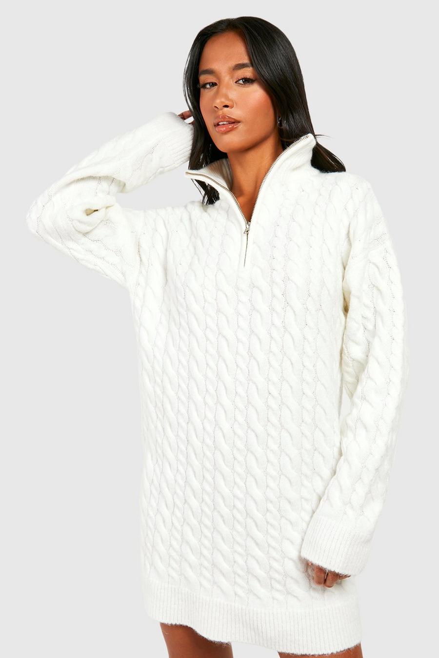 White Petite Cable Knit Half Zip Jumper Dress image number 1