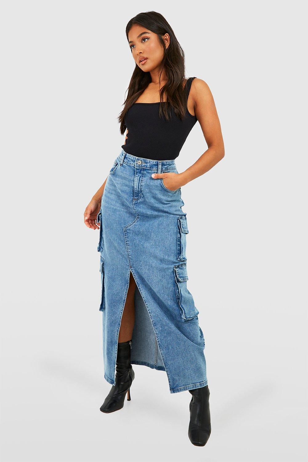 Front Split Multi Flap Pocket Midi Denim Skirt, Double Button Solid Color  Washed Blue Cargo Skirt, Women's Denim Jeans & Clothing