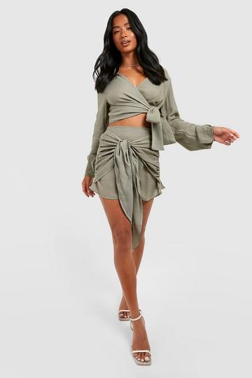 Petite Textured Cheesecloth Knot Front Mini Skirt olive