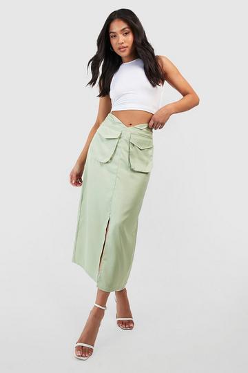 Sage Green Petite Cargo Pocket Dipped Hem Midi Skirt