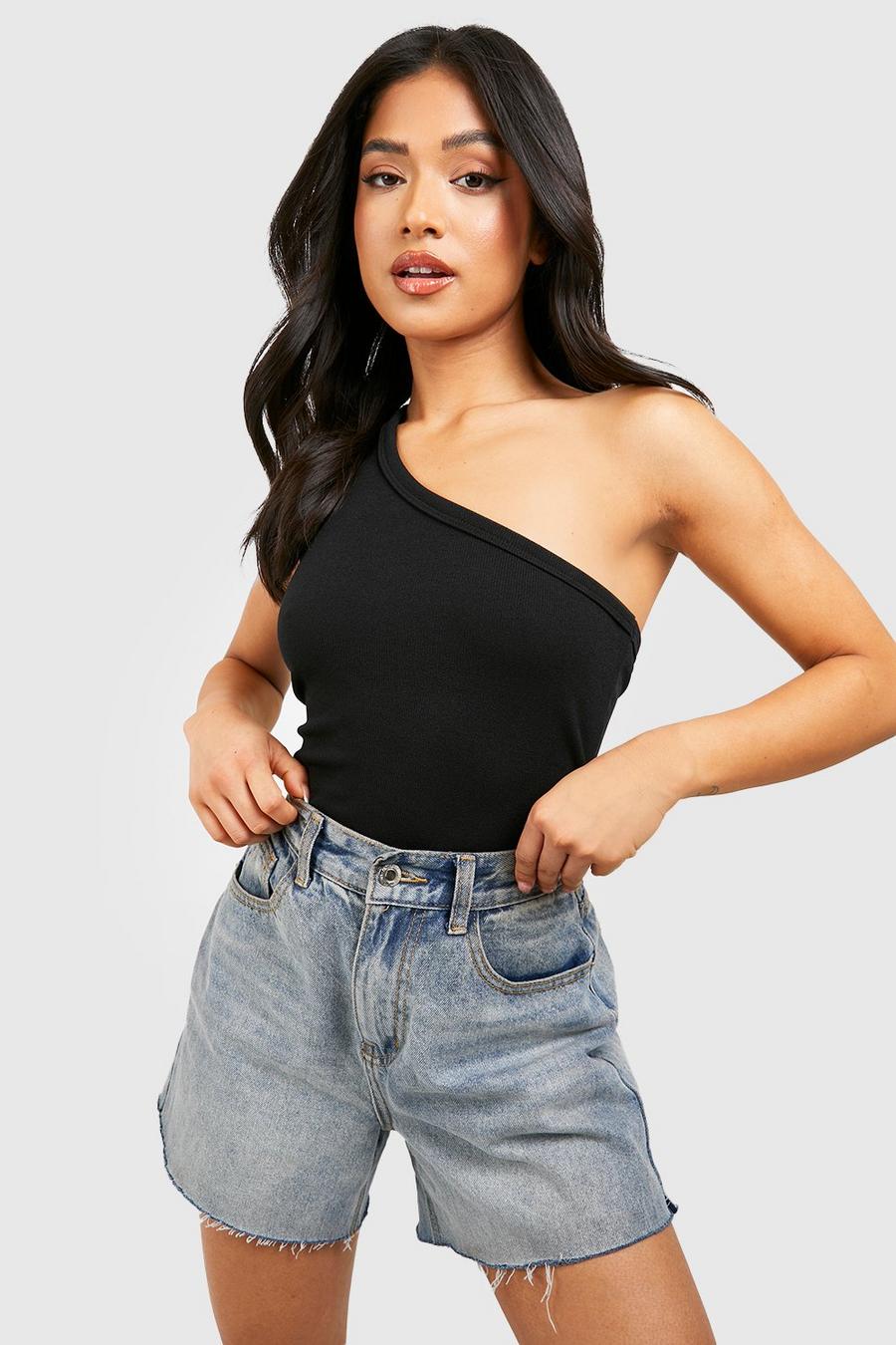 Black Petite Thick Binding One Shoulder Top image number 1