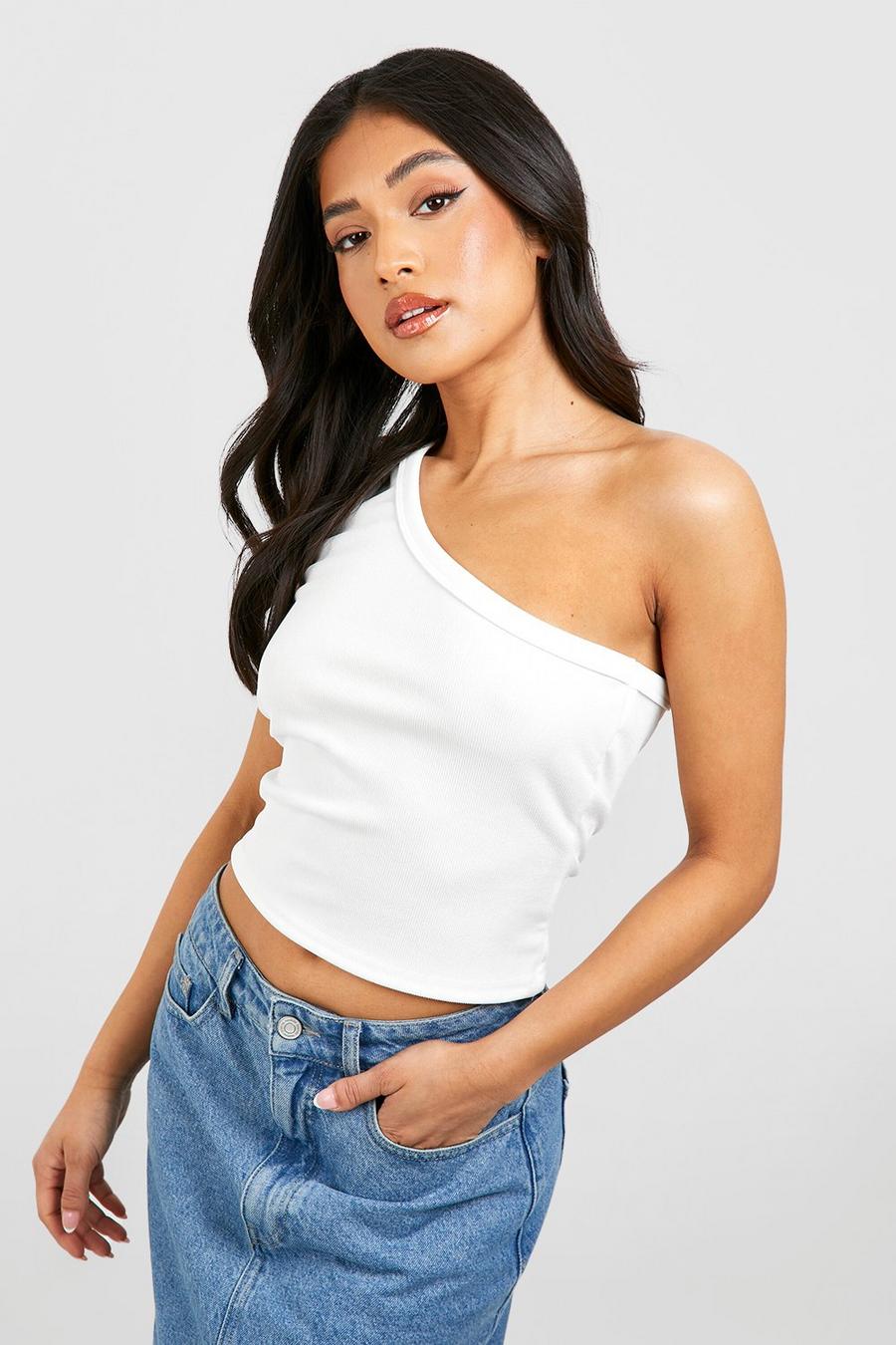 White Petite Thick Binding One Shoulder Top image number 1