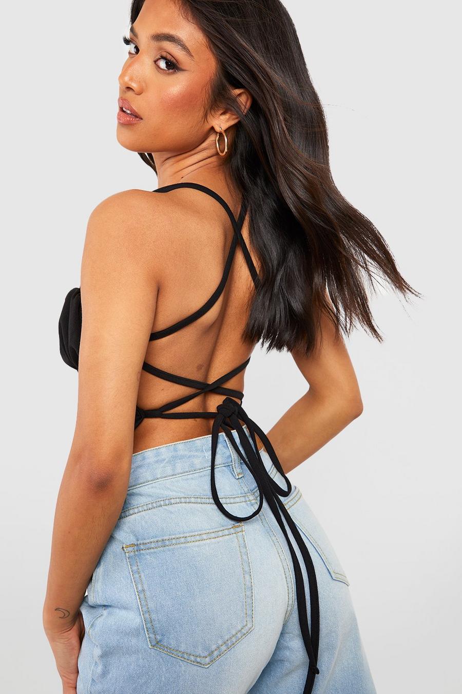 Women's Black Petite Ruched Strappy Back Crop Top