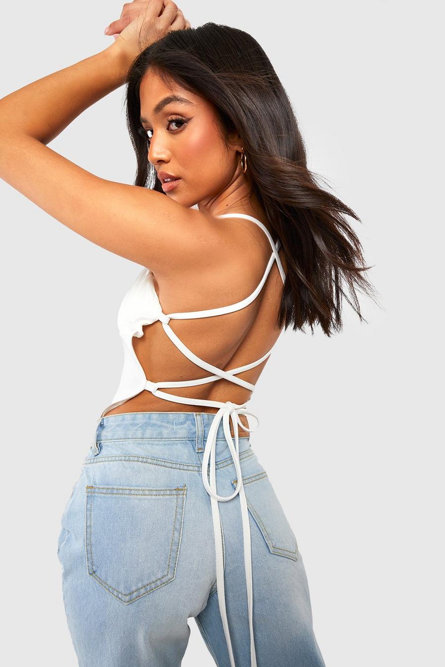 White Petite Ruched Strappy Back Crop Top image number 1
