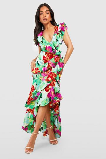 Petite Floral Wrap Ruffle Maxi Dress green