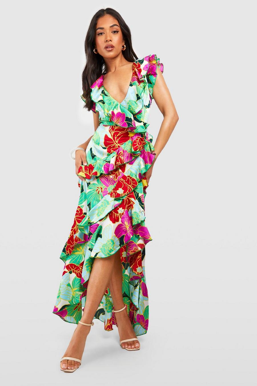 Green Petite Floral Wrap Ruffle Maxi Dress image number 1