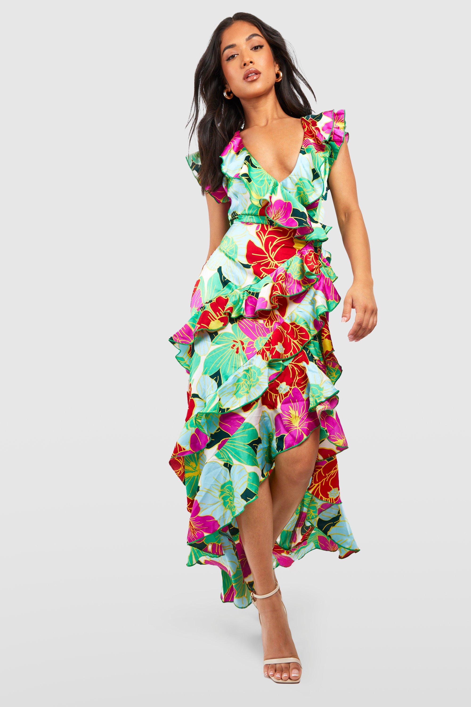 Women s Petite Floral Wrap Ruffle Maxi Dress Boohoo UK