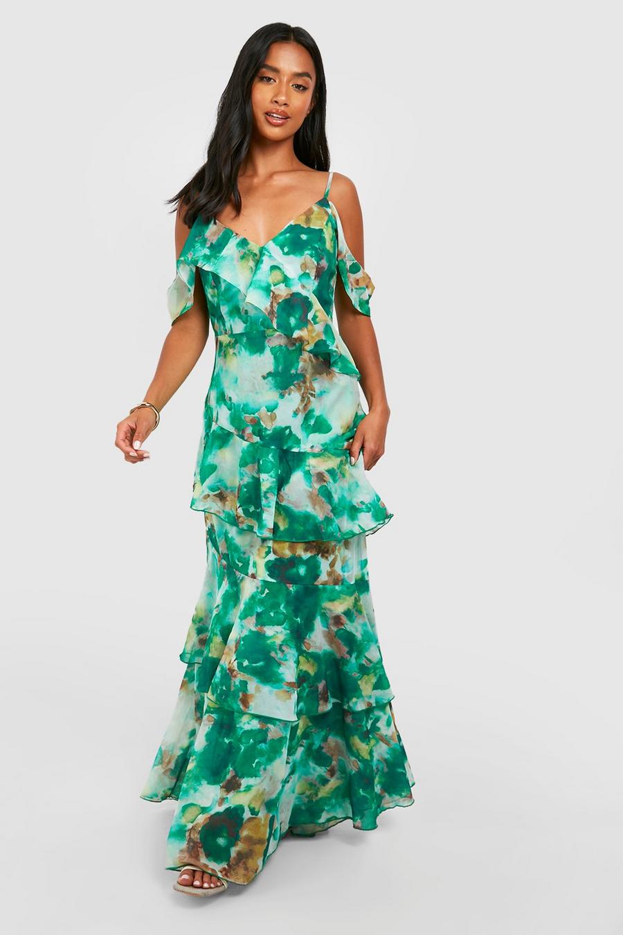 Green Petite Asymmetric Chiffon Tiered Ruffle Floral Maxi Dress image number 1