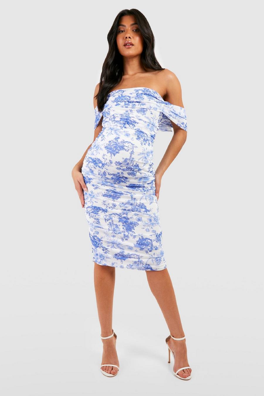 Blue Maternity Porcelain Ruched Mesh Bardot Midi Dress