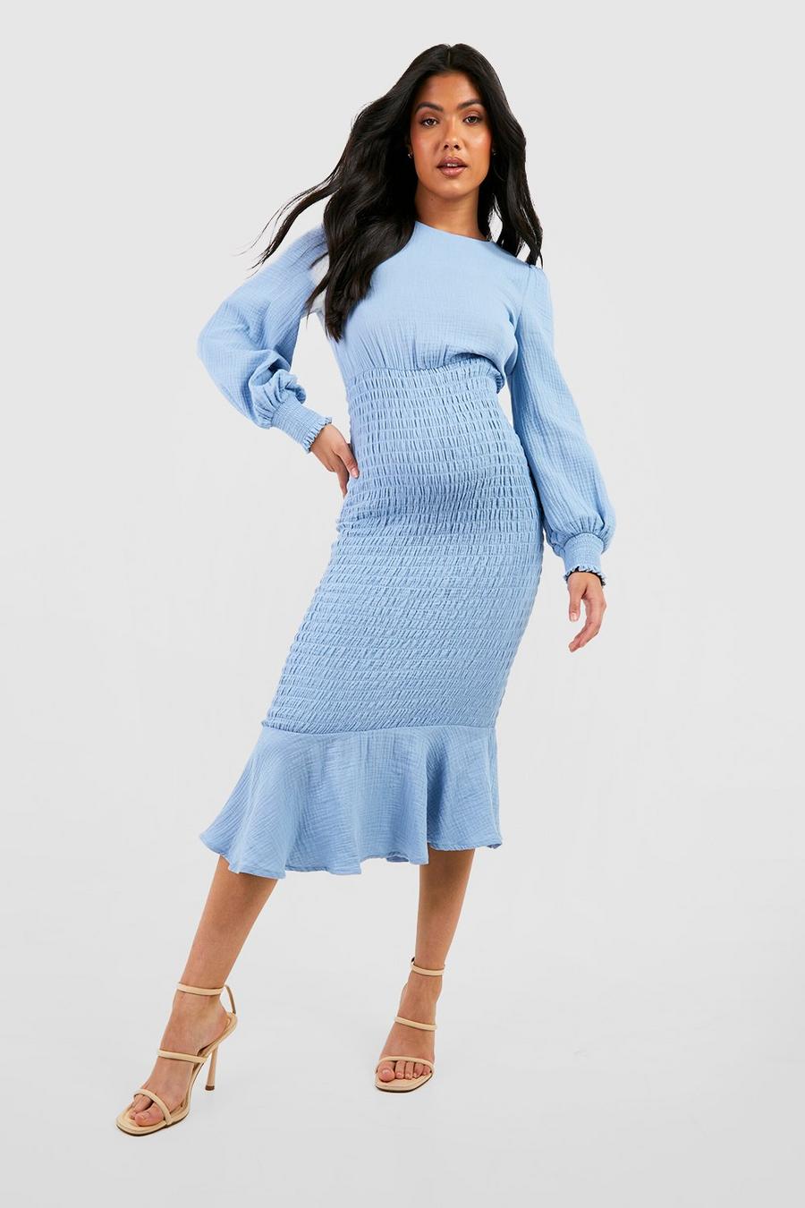 Blue Maternity Textured Shirred Frill Hem Midi Dress image number 1