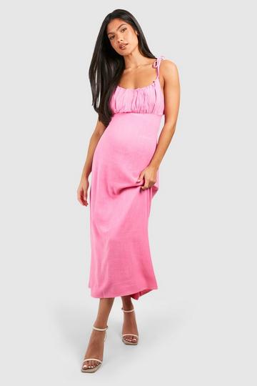 Pink Maternity Linen Look Tie Strap Midi Dress