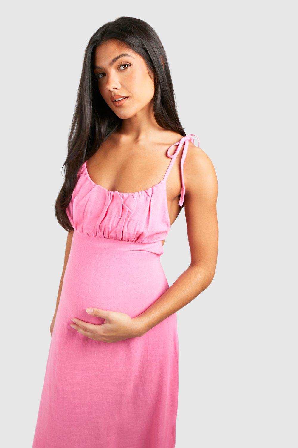 Maternity Linen Look Tie Strap Midaxi Dress boohoo