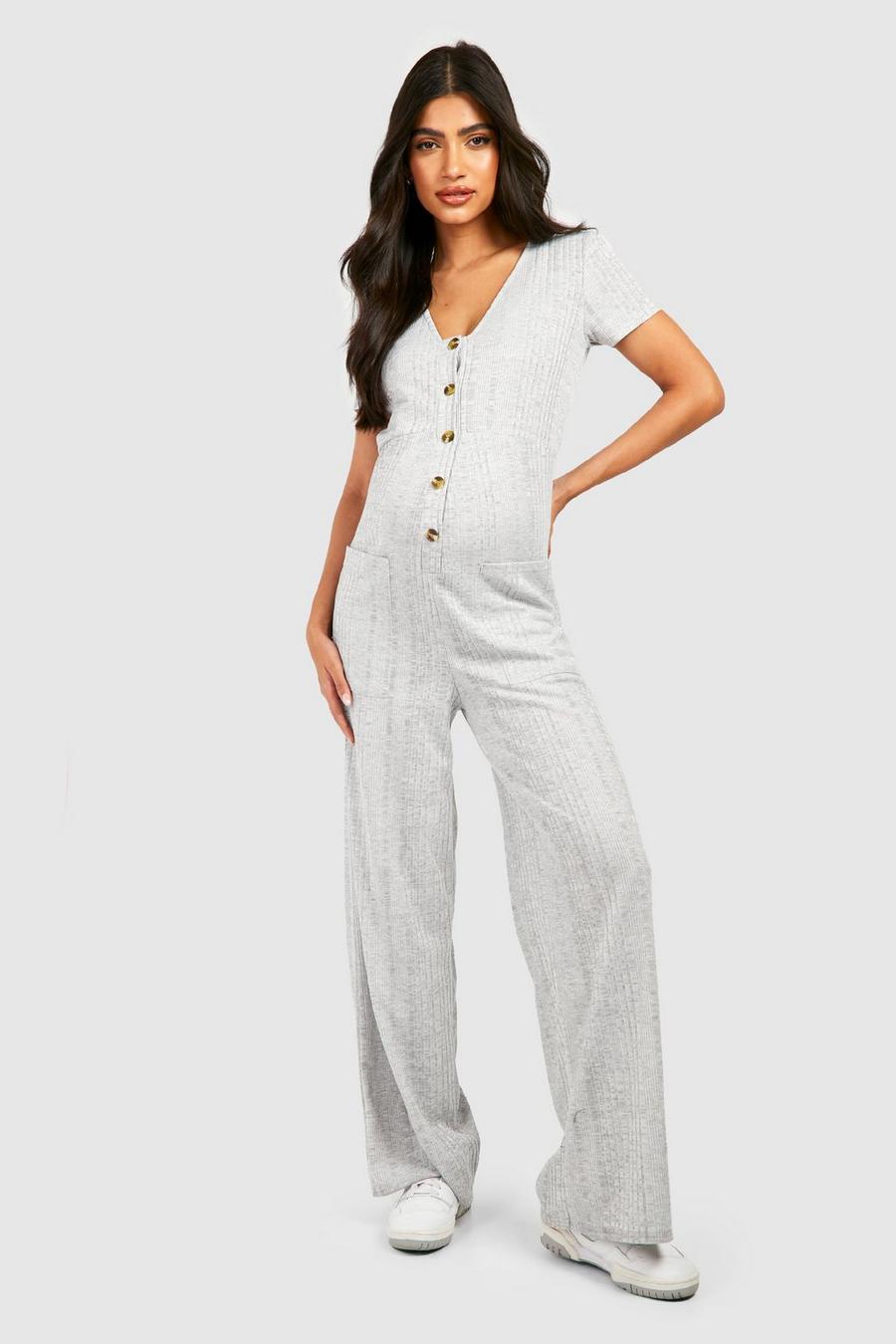 Grey marl Maternity Rib Short Sleeve Button Down Culotte Jumpsuit image number 1