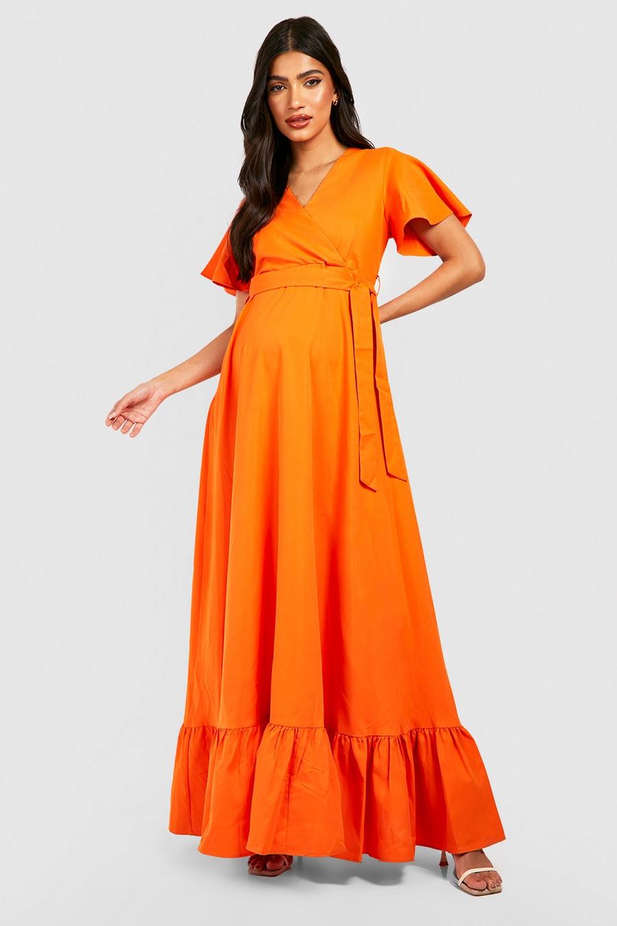 Orange Maternity Wrap Frill Hem Maxi Dress