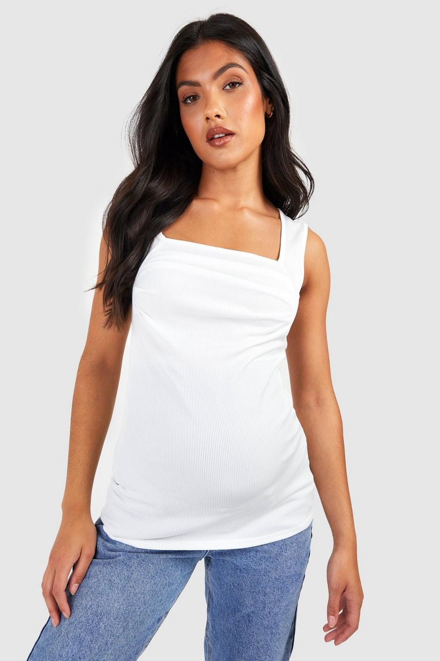 White Maternity Rib Ruched Tank Top image number 1