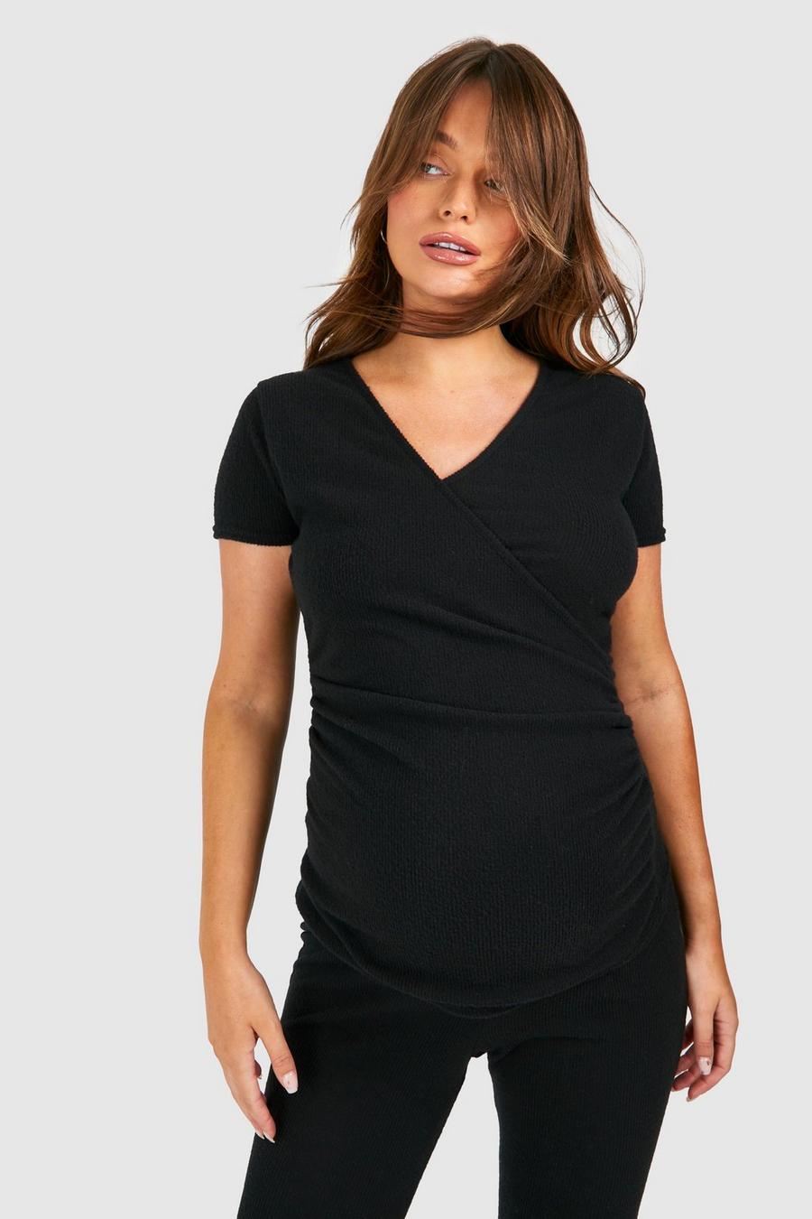 Black Maternity Brushed Rib Wrap Short Sleeve Ruched Top image number 1