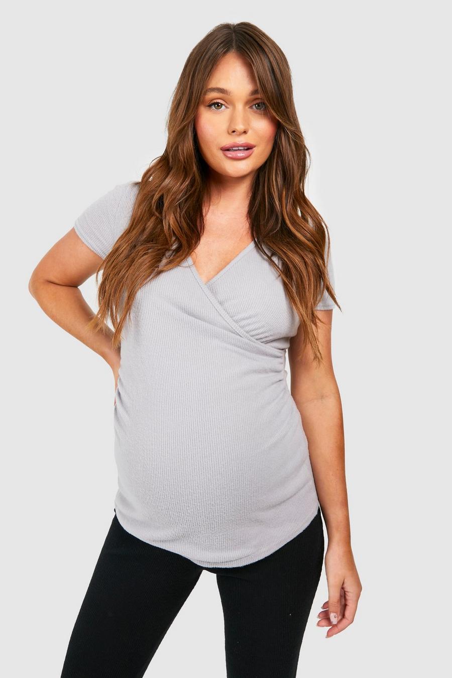 Grey Maternity Brushed Rib Wrap Short Sleeve Ruched Top image number 1