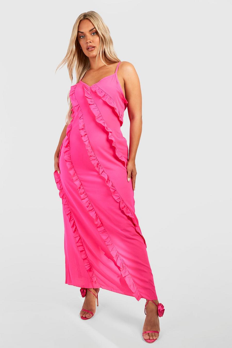 Hot pink Plus Långklänning med volanger image number 1