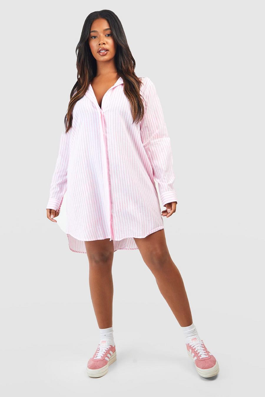 Pink Plus Stripe Cotton Oversized Shirt Dress