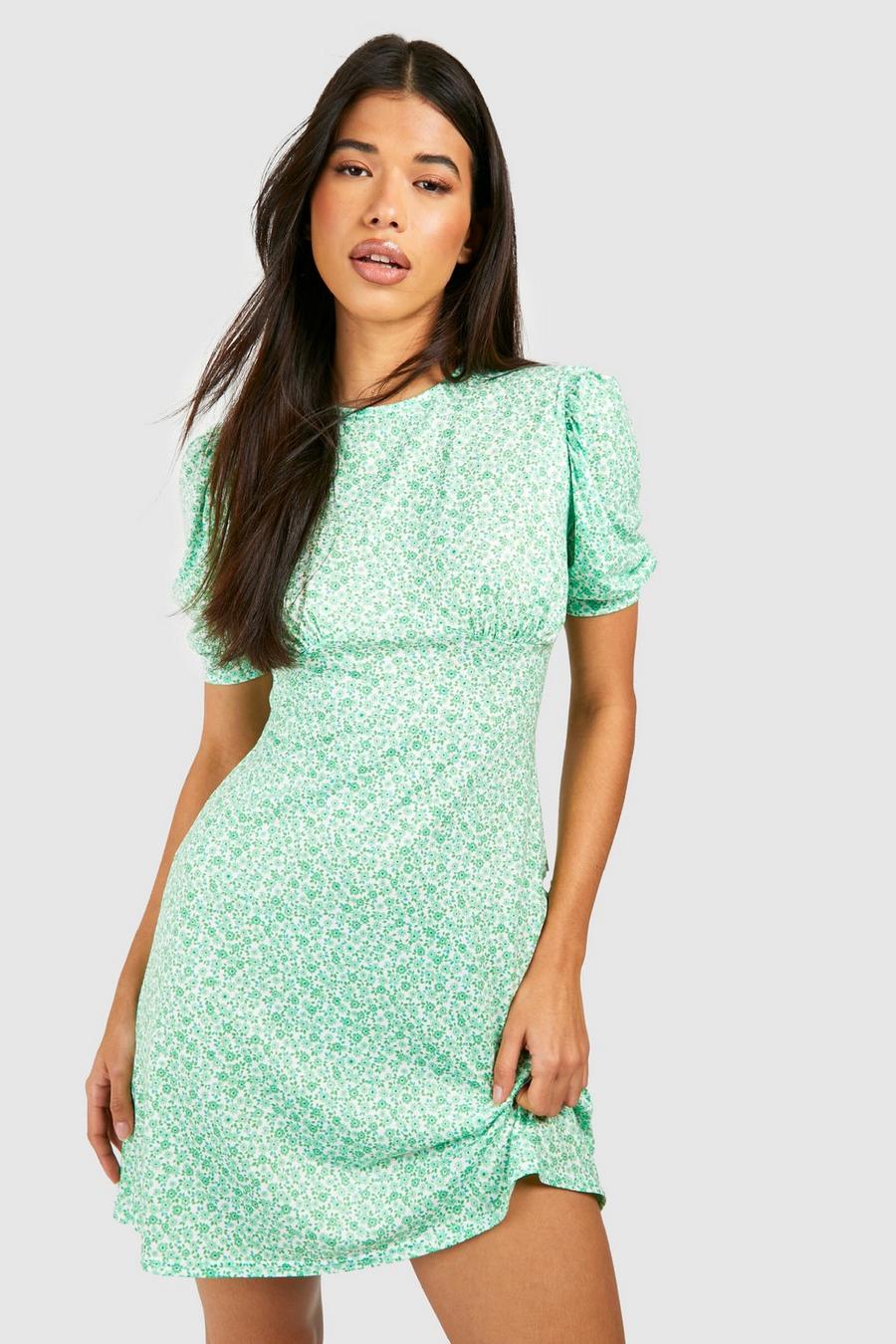Green Tall Ditsy Floral Underbust Seam Puff Sleeve Mini Dress image number 1