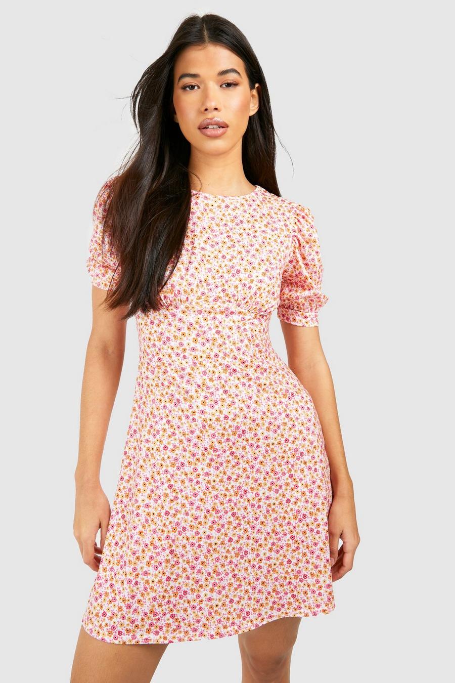 Pink Tall Ditsy Floral Underbust Seam Puff Sleeve Mini Dress image number 1