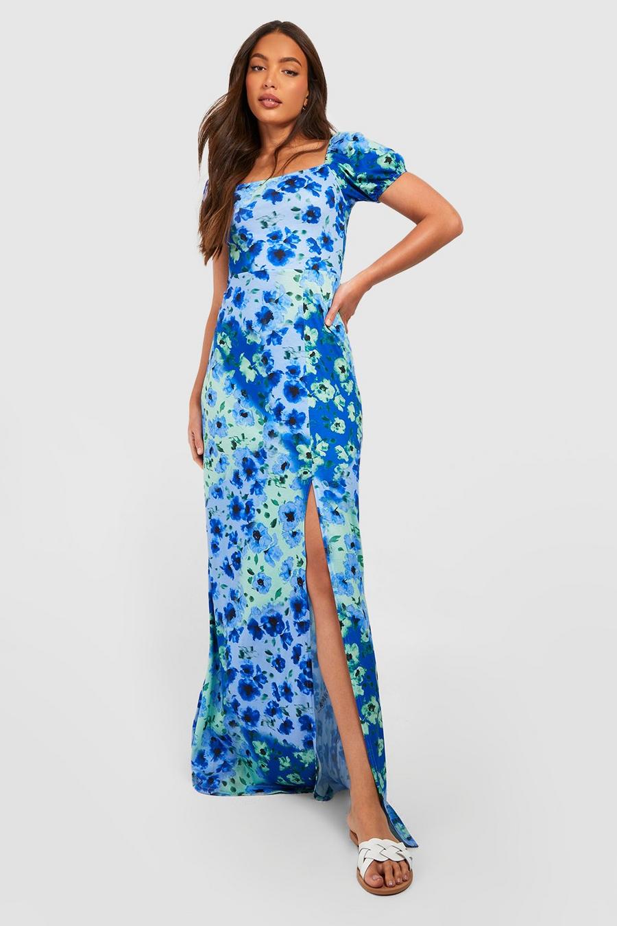 Blue Tall Floral Puff Sleev Square Neck Split Side Maxi Dress 