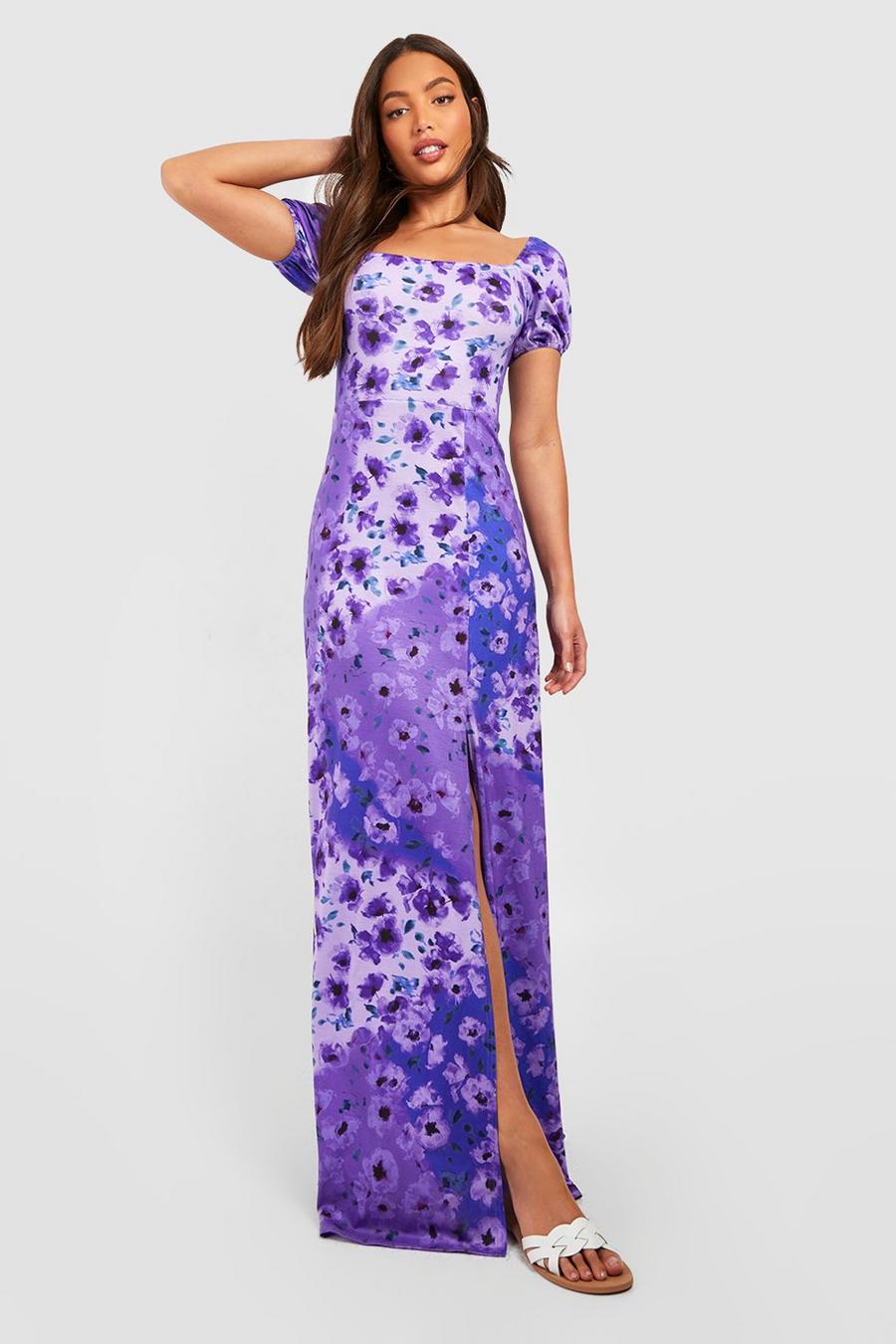 Lilac Tall Floral Puff Sleev Square Neck Split Side Maxi Dress 