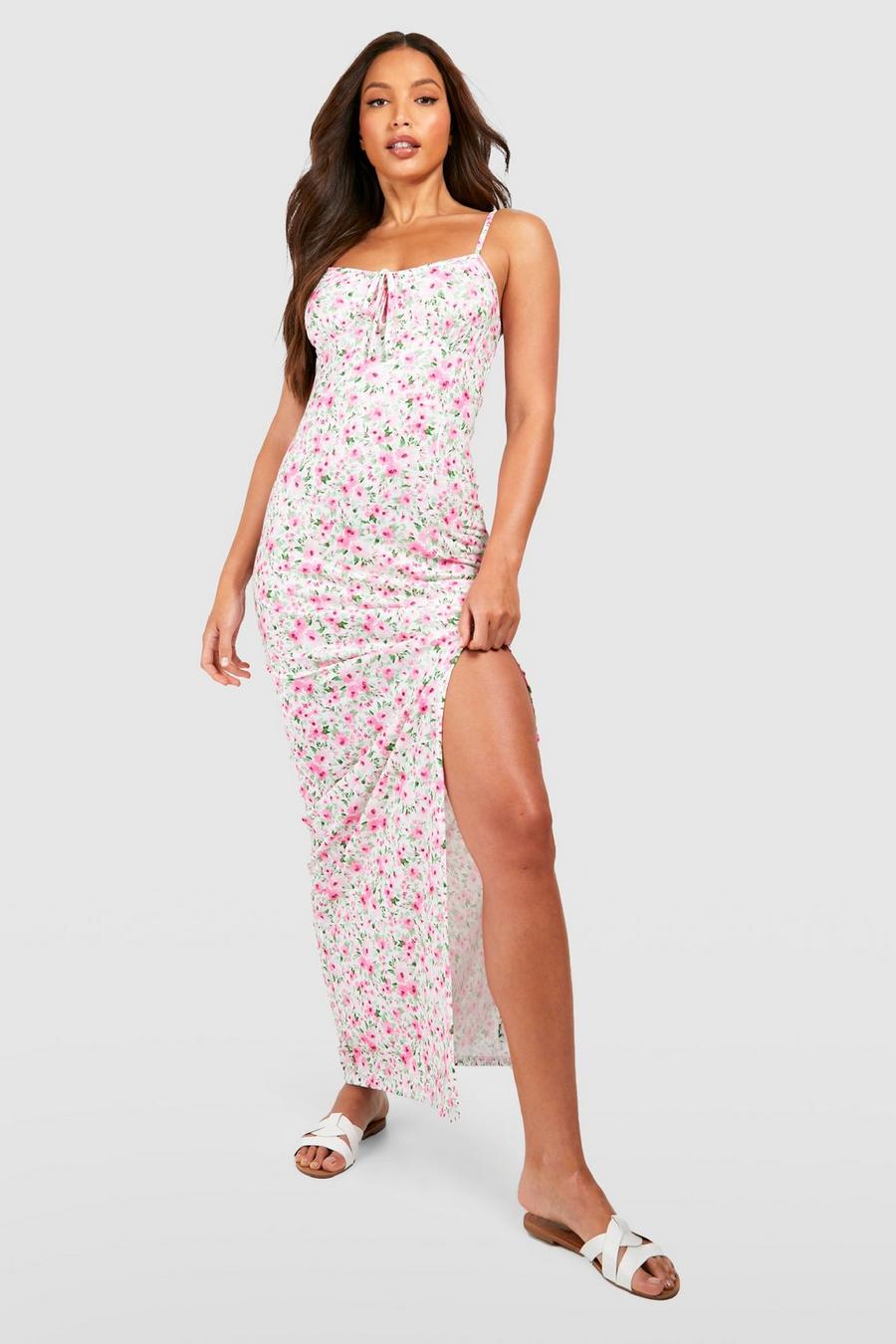 Pink Tall Blommig maxiklänning med knytdetalj och slits image number 1