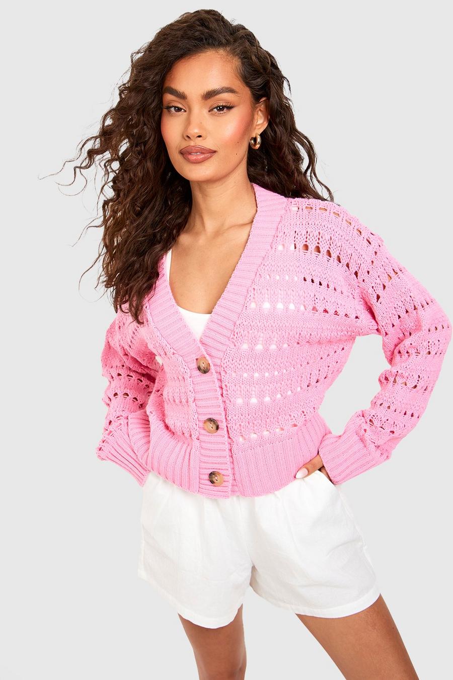 Pink Crochet Button Through Crop Cardigan  image number 1