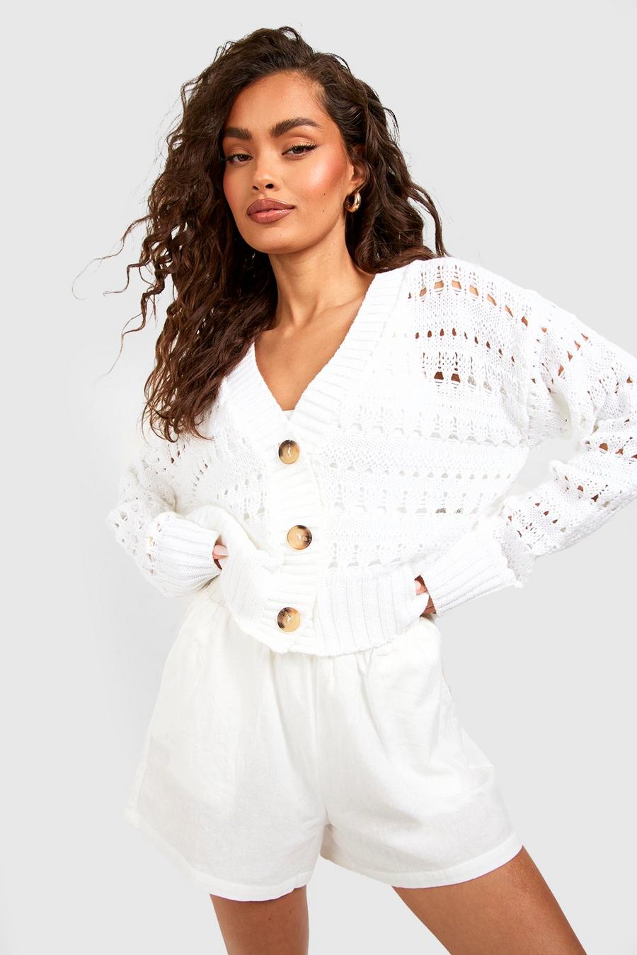 White Crochet Button Through Crop Cardigan