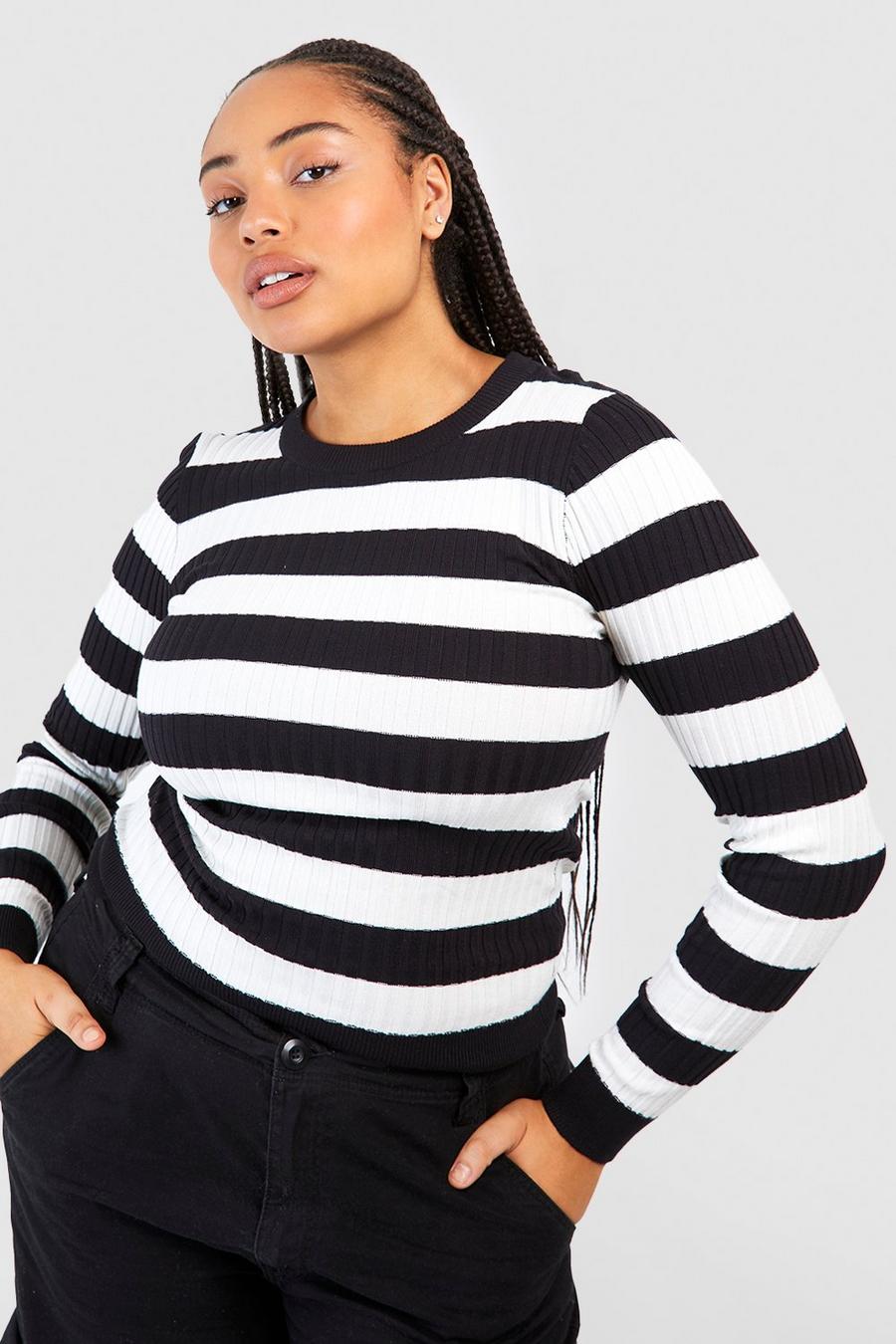 Black Plus Wide Stripe Fine Gauge Sweater