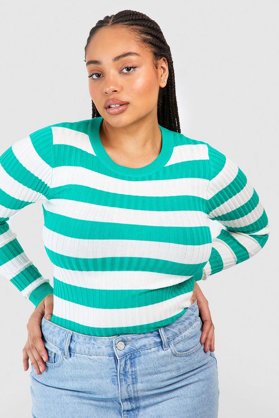 Plus Feinstrick-Pullover mit breiten Streifen, Green image number 1