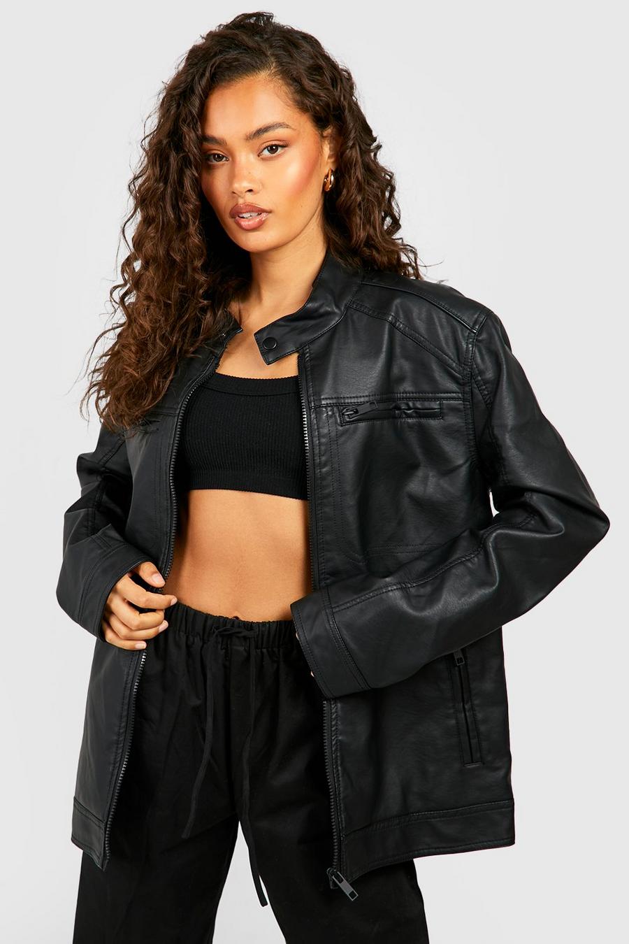 Black Oversized Faux Leather Zip Detail Jacket image number 1