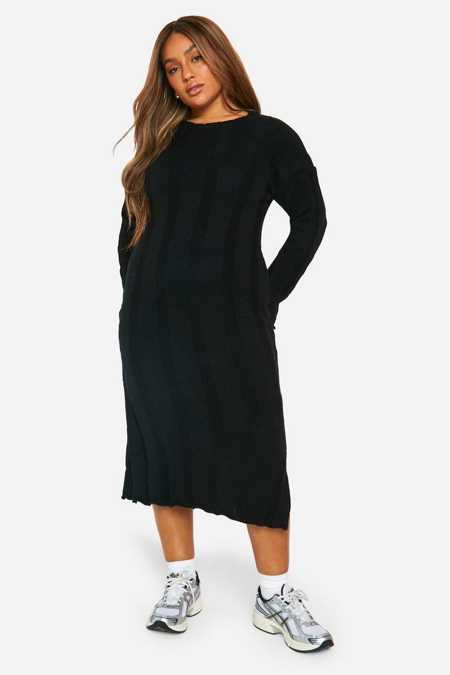 Black Plus Wide Rib Knitted Side Split Midaxi Dress