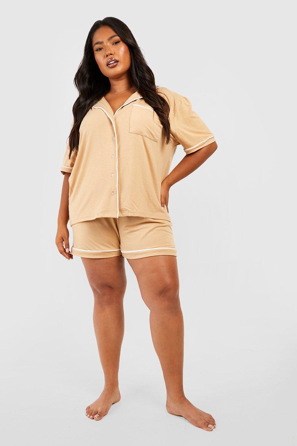 Plus Button Through Jersey Knit Pajama Short Set boohoo