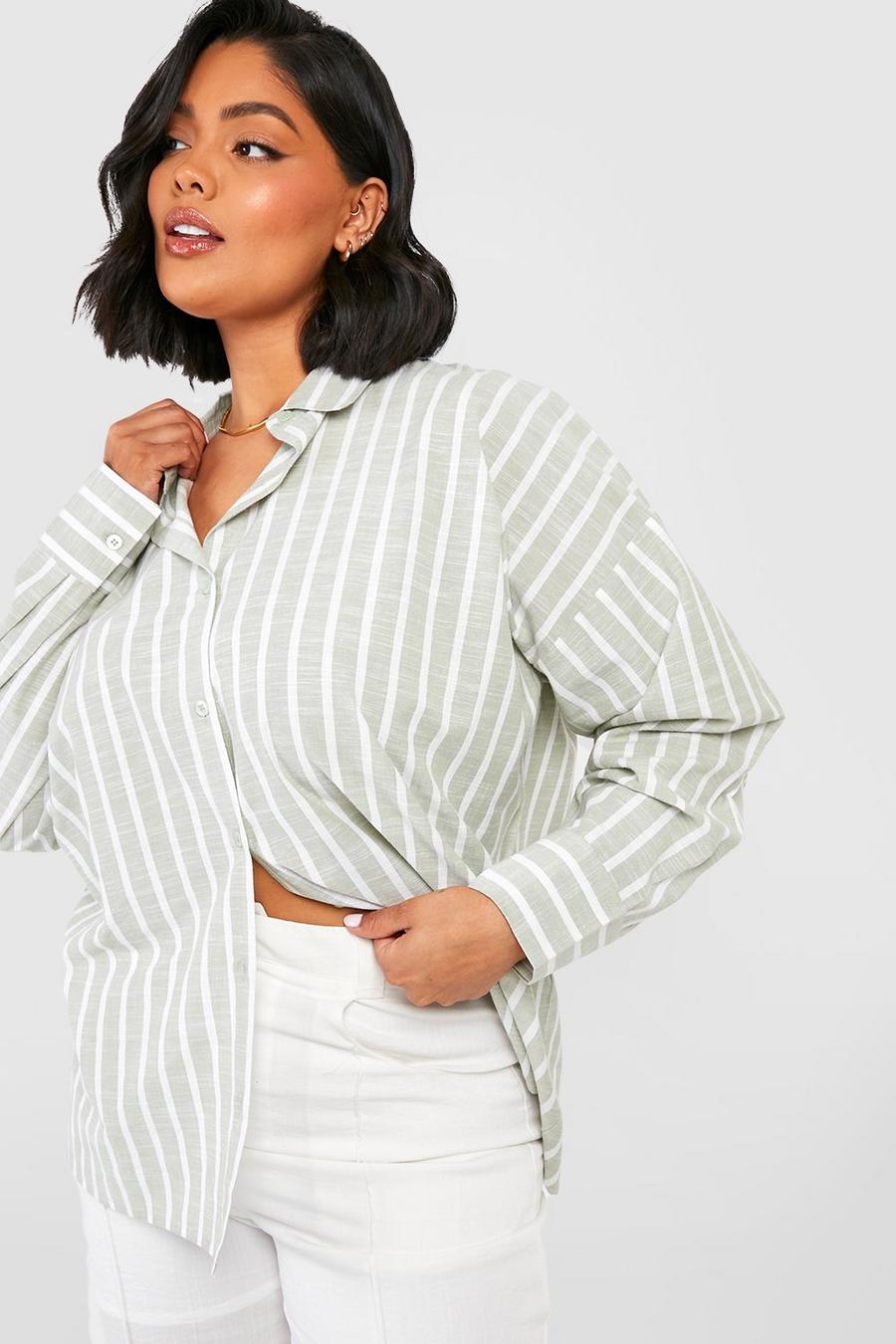 Camicia Plus Size oversize in lino a righe ampie, Sage image number 1