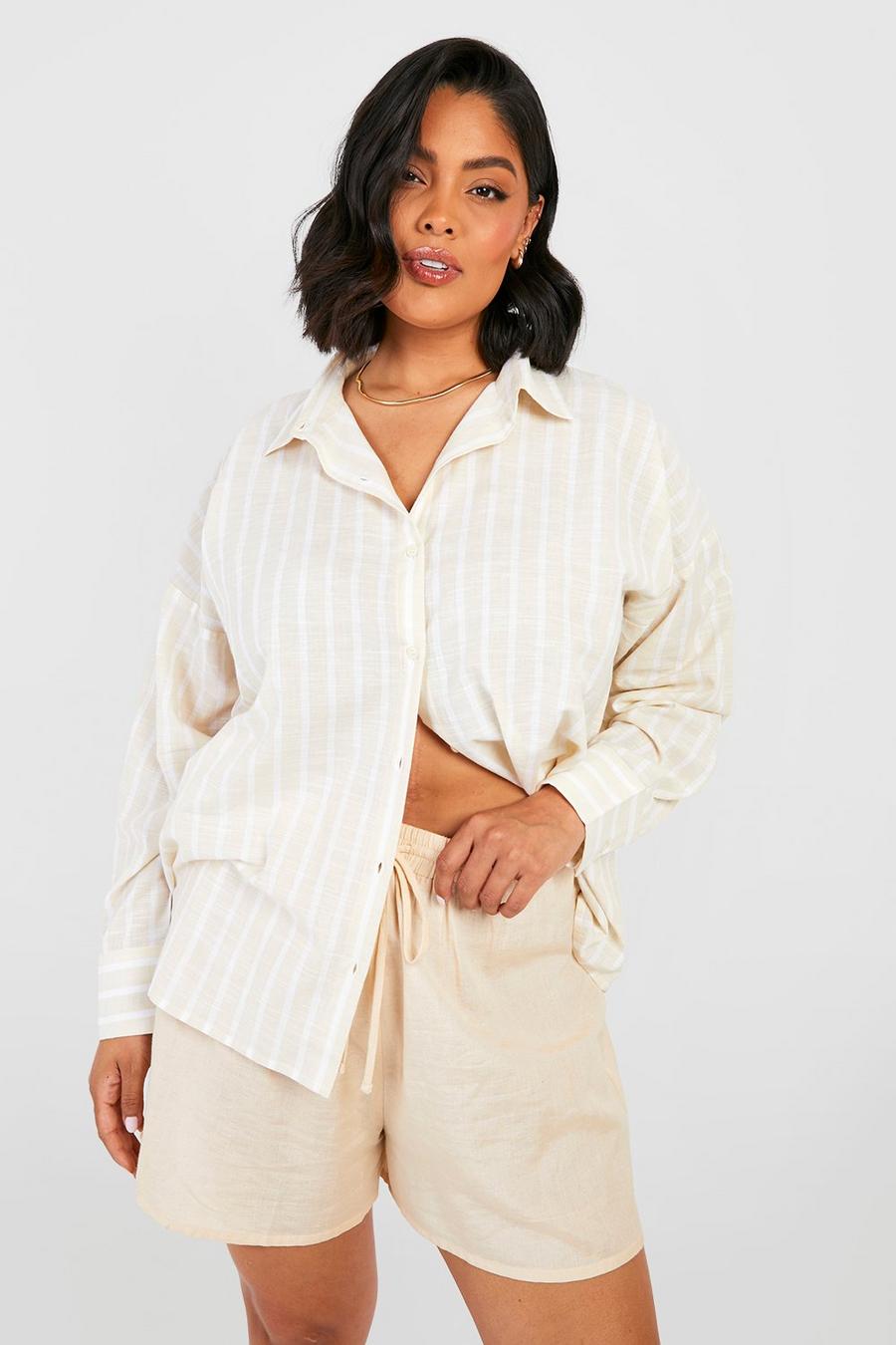 Camicia Plus Size oversize in lino a righe ampie, Stone