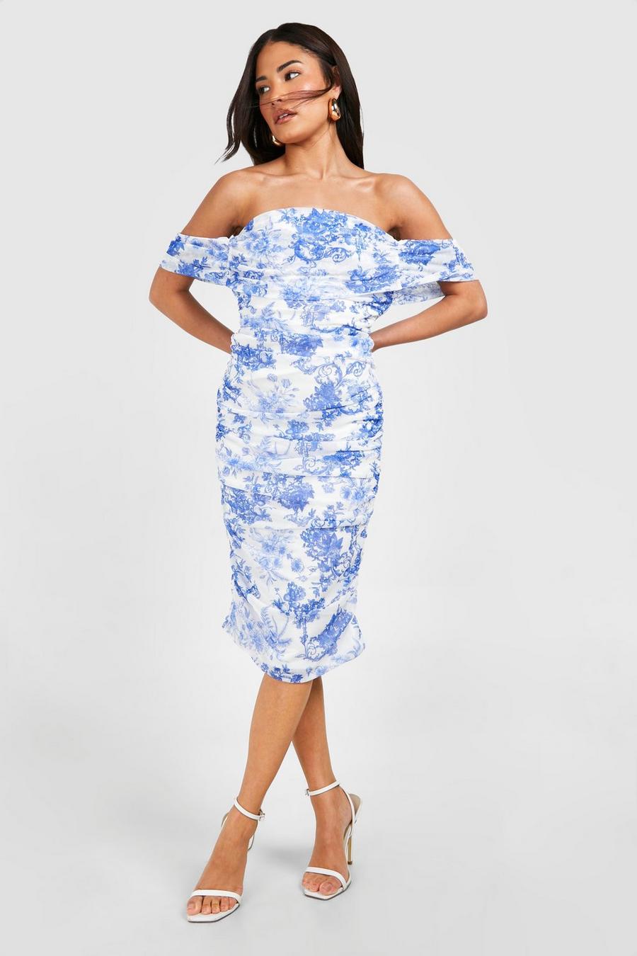 Vestito midi Petite in rete con motivi stile porcellana e scollo Bardot, ruches, Blue image number 1