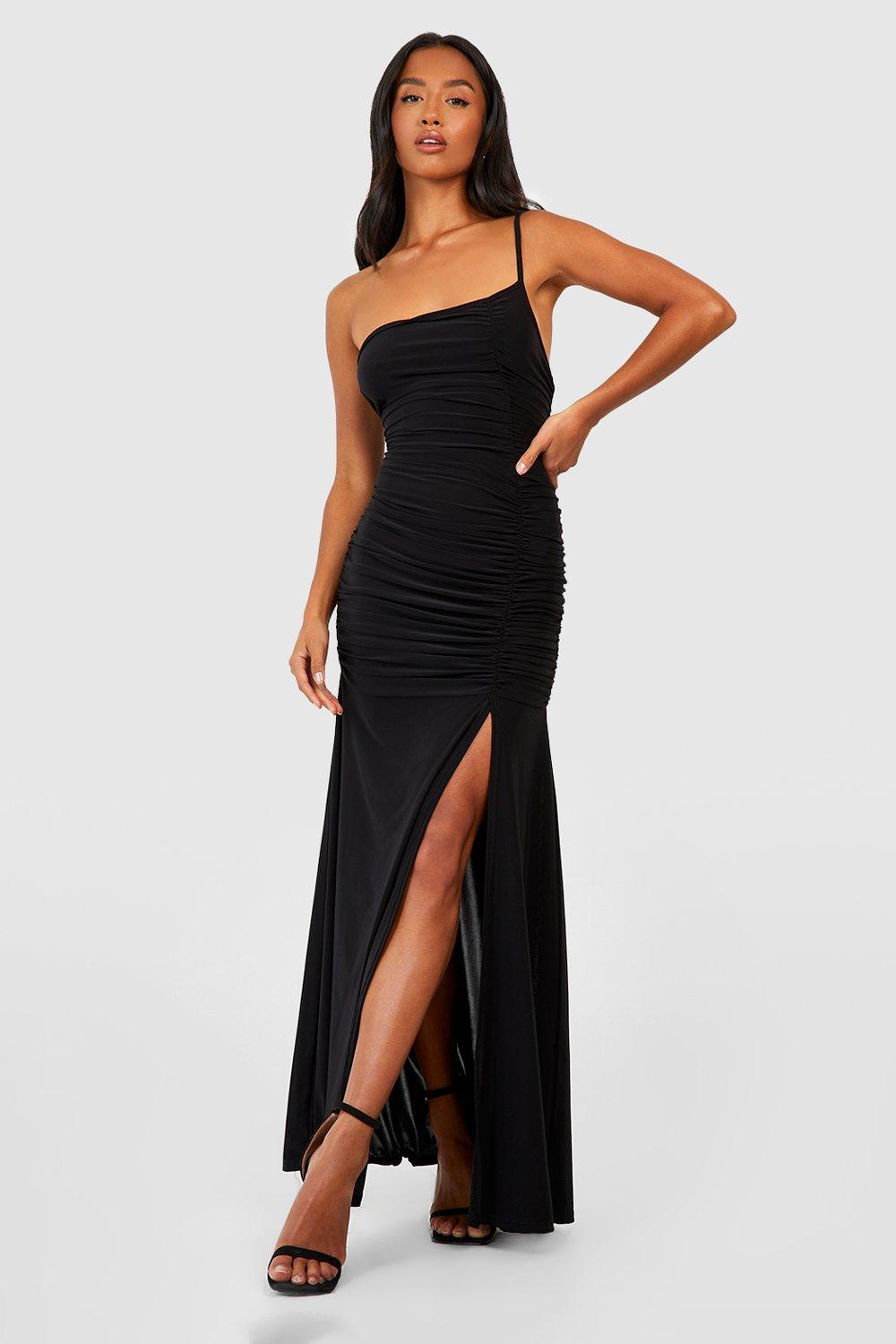 Petite Asymmetric Ruched Flare Hem Maxi Dress