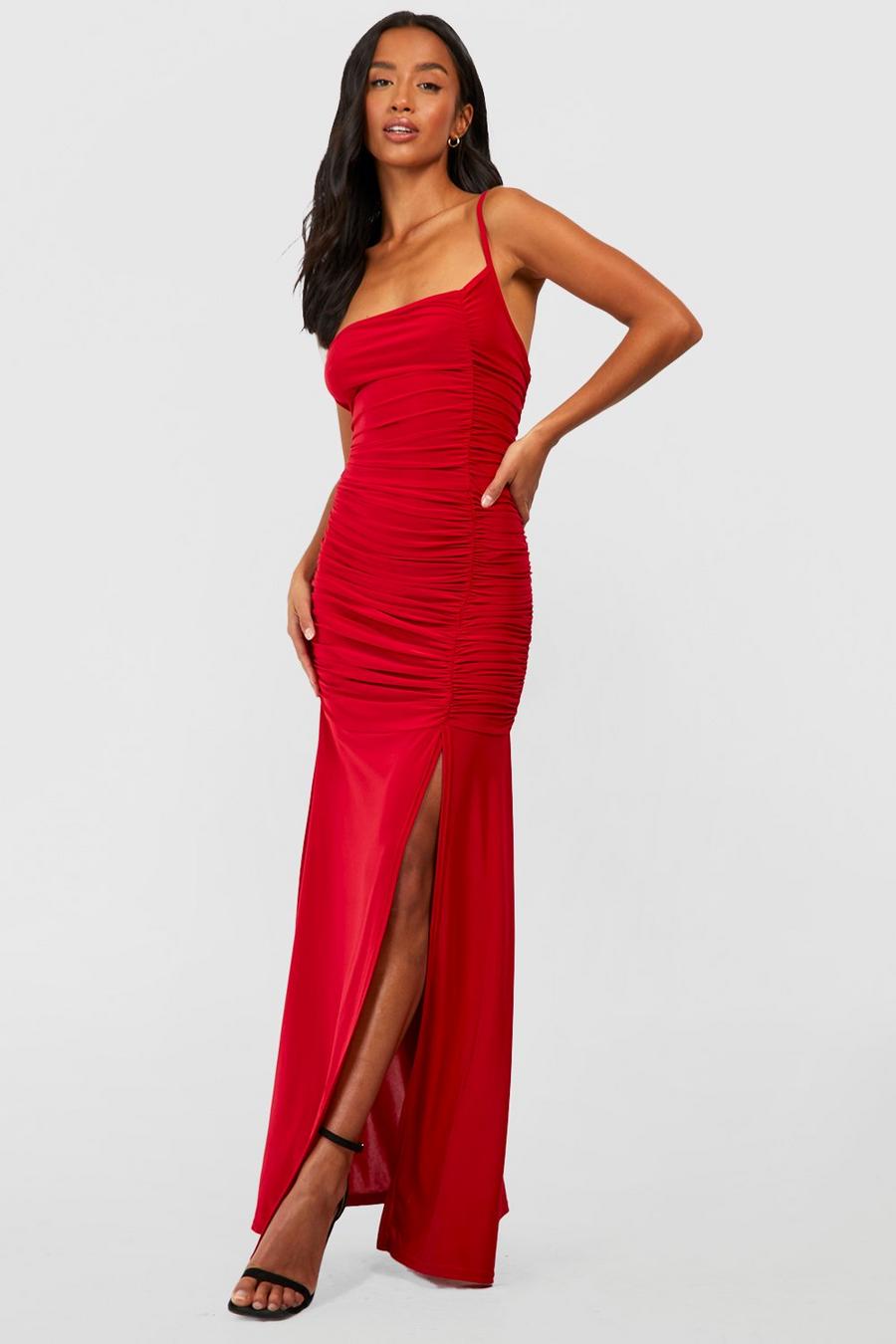 Red Petite Asymmetric Ruched Flare Hem Maxi Dress image number 1
