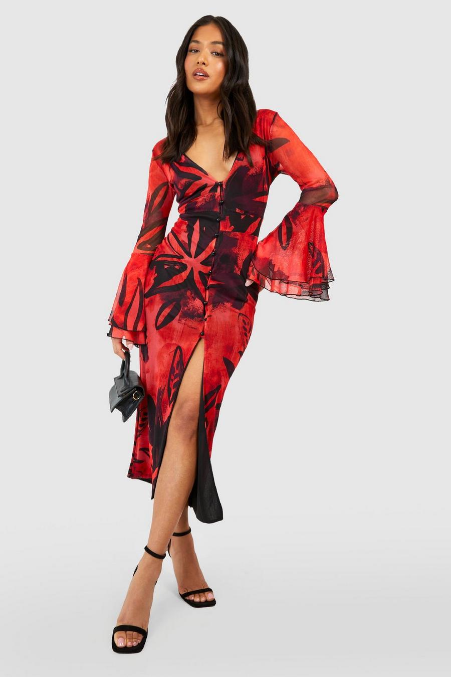 Red Petite Bold Floral Mesh Flare Sleeve Midaxi Dress  image number 1
