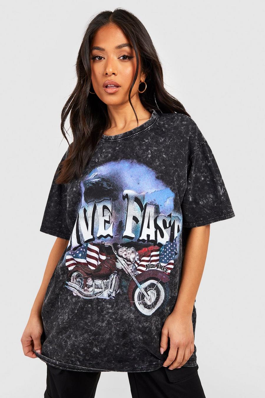 Charcoal Petite Acid Wash Gebleekt Motorcycle T-Shirt Met Tekst