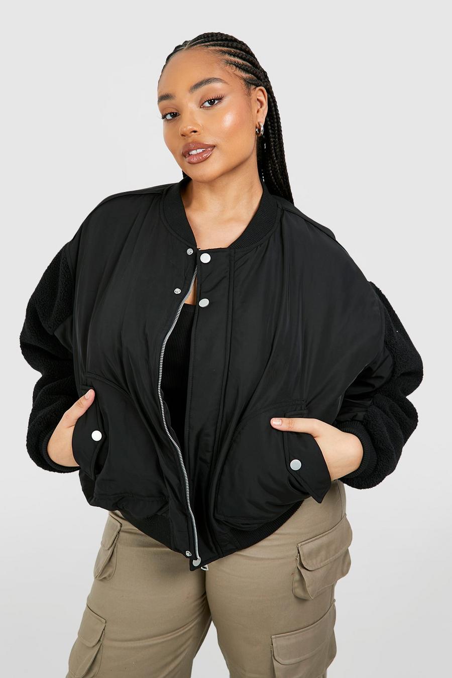 Black Plus Teddy Sleeve Bomber Jacket