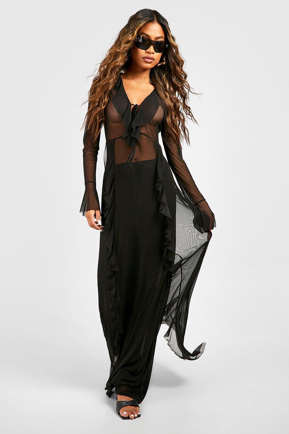 Ruffle Detail Tie Front Mesh Maxi Beach Dress boohoo