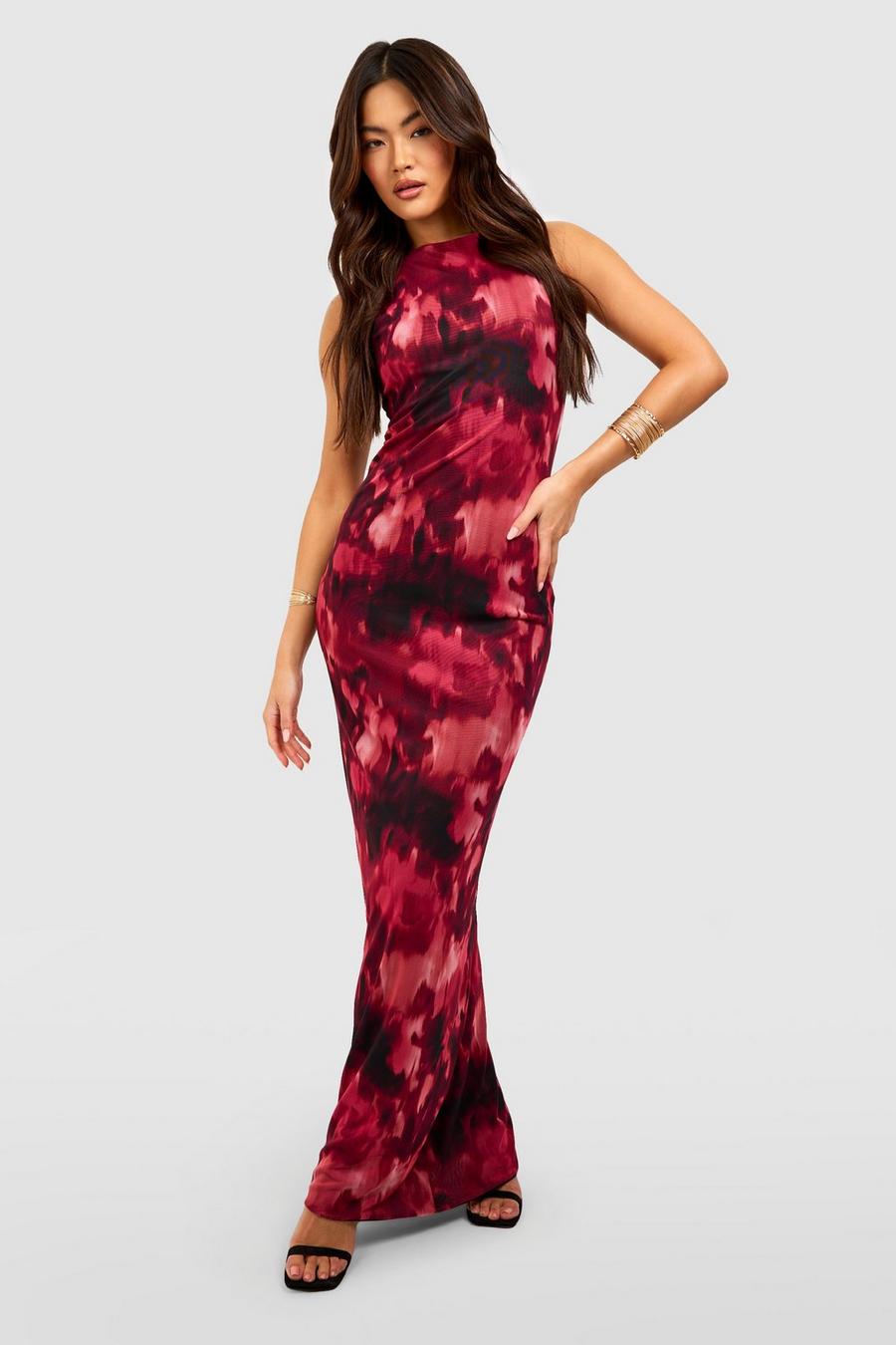 Red Abstract Racer Mesh Maxi Dress image number 1