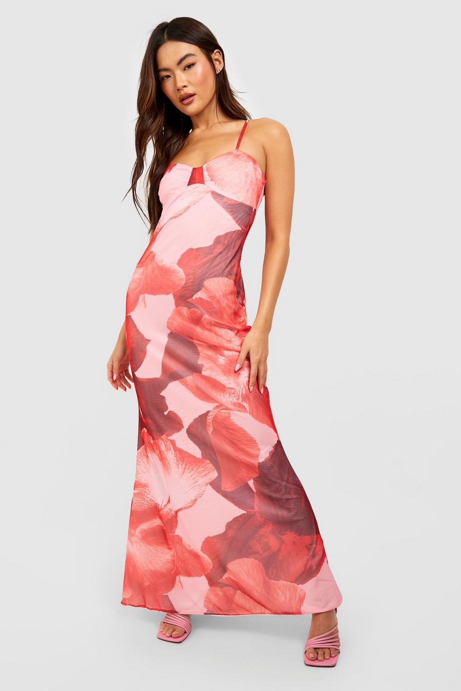 Red Abstract Floral Mesh Maxi Dress