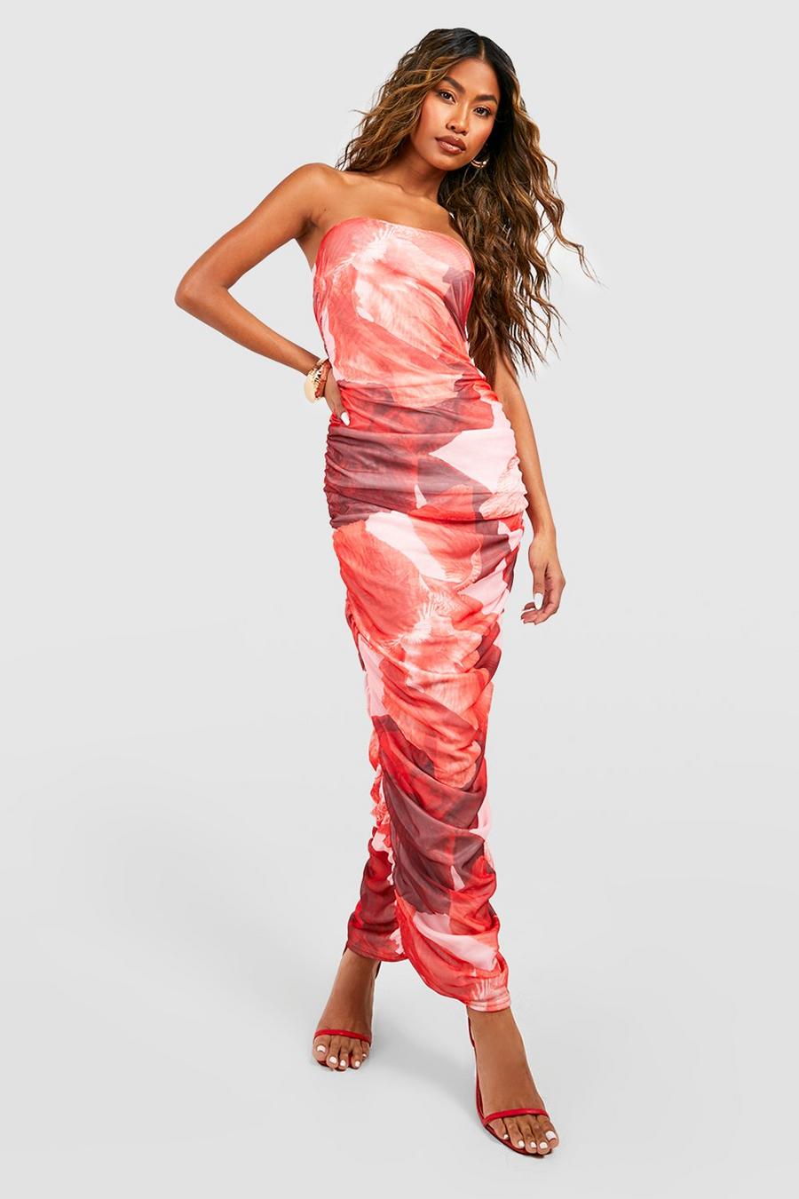 Red Abstract Floral Mesh Bandeau Maxi Dress image number 1