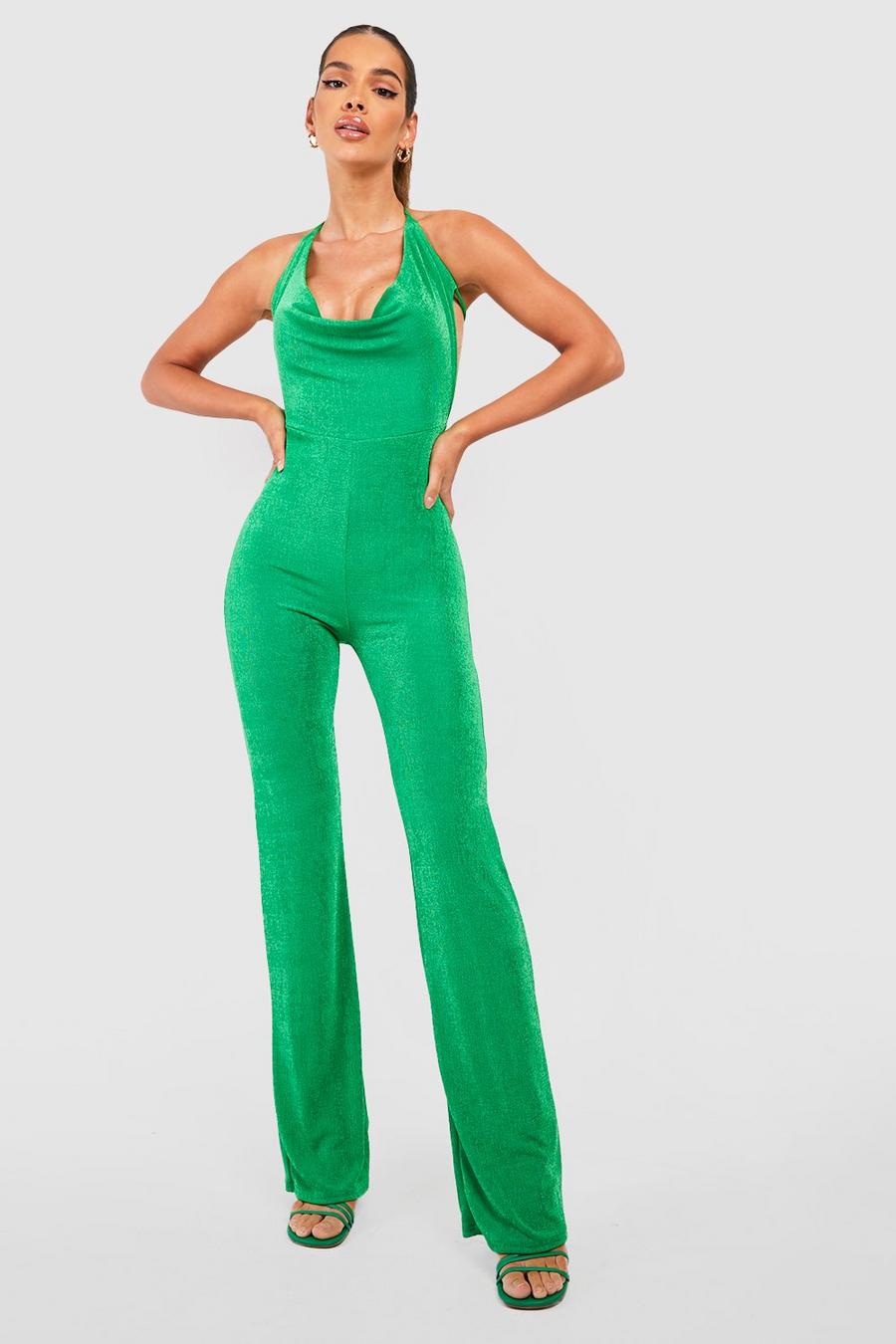 Bright green verde Textured Slinky Cowl Neck Jumpsuit