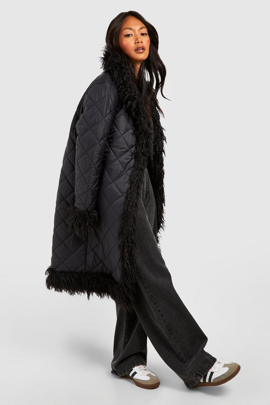 Black Faux Fur Trim Longline Puffer Jacket image number 1